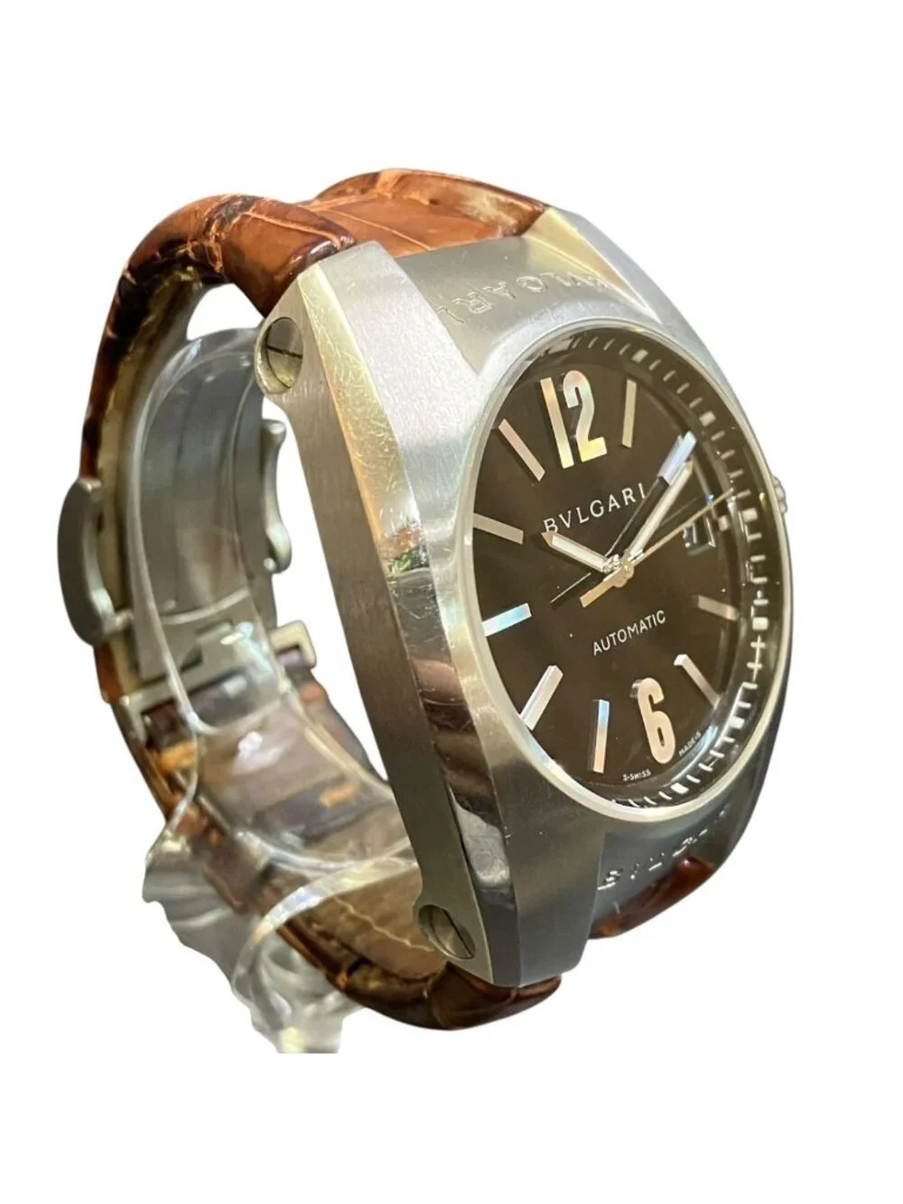 Bvlgari Ergon Watch SS Leather Automatic Winding Black Dial